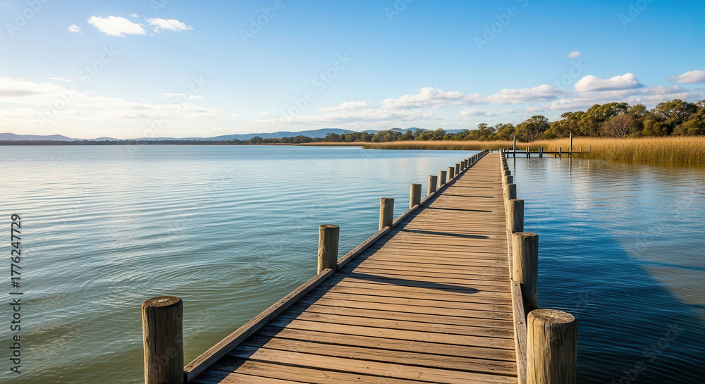 Naklejka premium Wooden pier extending into calm water, surrounded by lush greenery and distant hills, under a clear blue sky, creating a serene and tranquil natural landscape