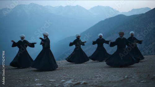 Group of sufi dervishes performing spiritual zikr whirling dance in mountain landscape symbolizing devotion, unity, and meditative faith in motion.