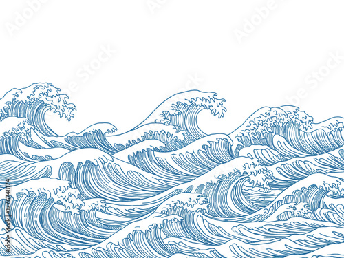 A detailed line art illustration of turbulent ocean waves in shades of blue against a white background.