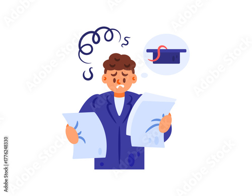 Illustration of a student having difficulty writing a thesis. Stress and frustration in writing a thesis to graduate. Educational problems and obstacles to graduation. Flat style character