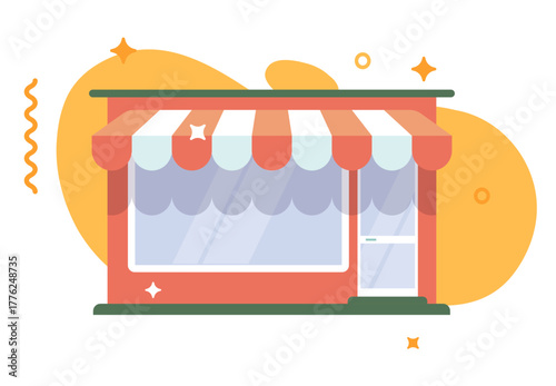 Store building icon vector flat cartoon modern graphic illustration, red local shop front window design, storefront facade minimal, simple boutique or cafe image clip art