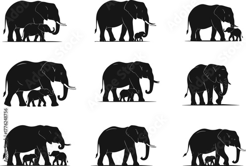 Silhouette vector set of elephants walking with babies, showing family bond, wildlife behavior, nurturing moments, nature, savanna, and animal connection