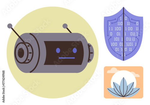 Robot face symbolizing artificial intelligence, shield with binary code for digital security, and a lotus flower reflecting harmony. Ideal for AI, technology, cybersecurity, mindfulness, innovation