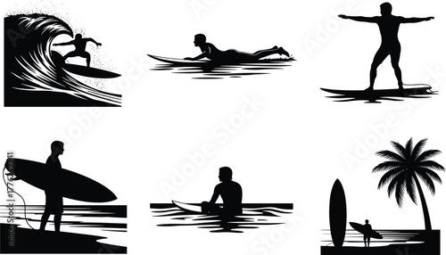 Surfing silhouette vector illustration showing surfers riding waves, paddling, standing on surfboards, and relaxing on tropical beach with sunset view.