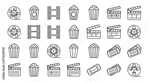 Set of minimalist movie icons simple line art vector design elements isolated on white background for web and mobile apps