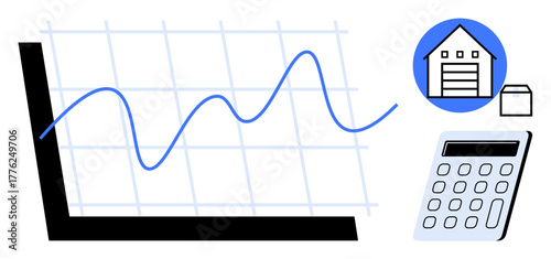 Financial graph with fluctuating trend, warehouse symbol, and calculator. Ideal for analysis, logistics, growth, inventory, statistics finance and forecasting. Clean simple flat metaphor