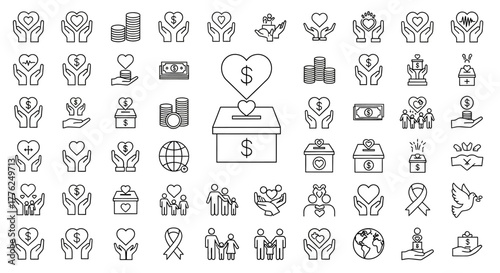 Set of charity and donation icons thin line vector symbols for fundraising volunteer work and social responsibility isolated on white background