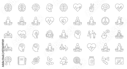 Set of mental health icons thin line vector illustration for psychology therapy and wellbeing isolated on white background