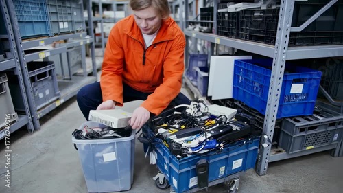 Person sorting electronic waste in a warehouse