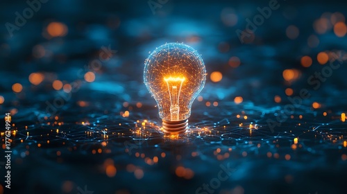 Glowing light bulb with orange particles on dark blue background with bokeh effect represents innovation, creativity and bright ideas in business concept.