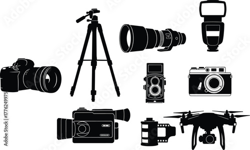 Photography and Videography Equipment Silhouettes – DSLR, Tripod, Drone, Film Camera, Flash, Lens – Vintage and Modern Vector Icons Set