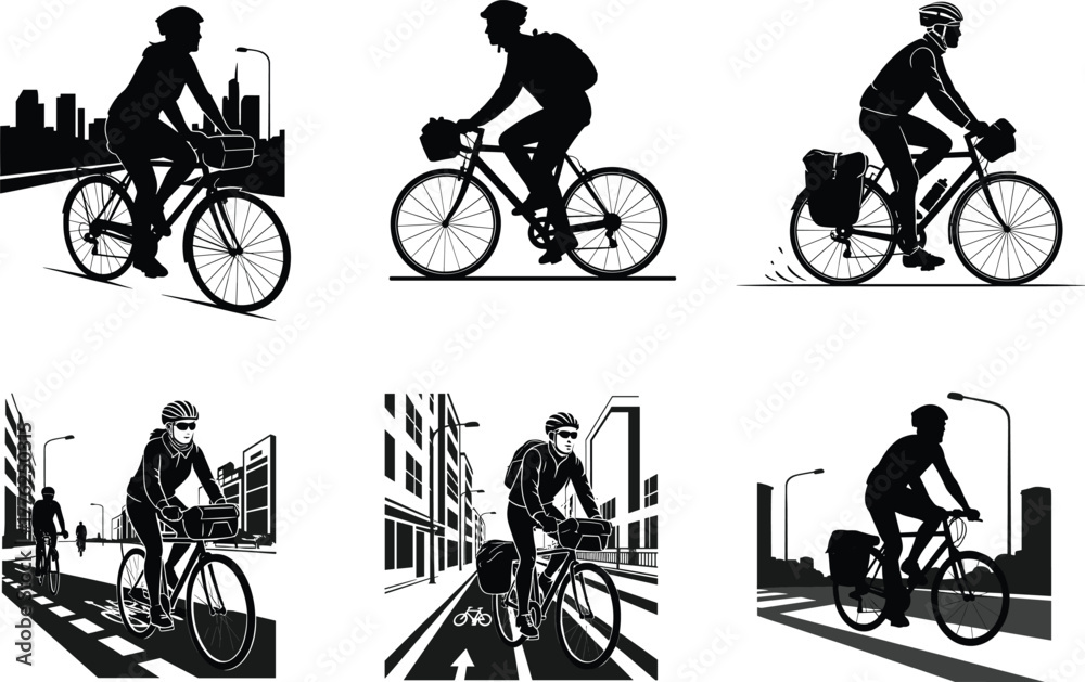 Obraz premium Urban bicycle commuting silhouettes in cityscape scenes showing diverse cycling styles, gear setups, and infrastructure for eco-friendly transportation