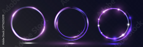 Glowing neon frame made of light rings with purple and blue energy effect on dark background.