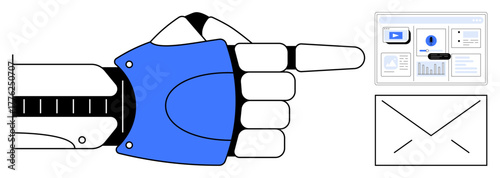 Robotic hand pointing forward at detailed analytics dashboard and envelope. Ideal for AI, automation, data analysis, innovation, robotics, digital communication, technology-driven workflows. Simple