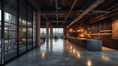 Fototapeta Naklejka Na Ścianę i Meble -  Cinematic rendering of a luxury industrial-style event space with city views