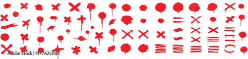 Large set of red ink splatters and paint blots Grunge abstract texture elements collection of bloody spray drops splash stains and messy cross marks vector illustration