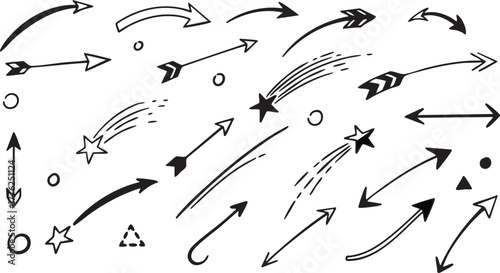 Hand drawn sketch arrows vector illustration large black and white collection of various pointers movement lines curved shapes and shooting stars doodle graphic elements set