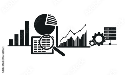 A comprehensive black and white illustration depicting data analysis, business intelligence, and technology infrastructure.
