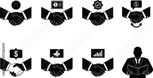 Vector icon set of handshake symbols representing business deals, financial agreements, teamwork, negotiation, partnership, growth, and professional collaboration