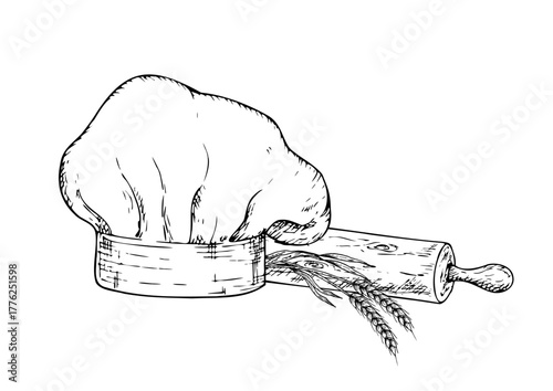 Vector Chef hat. Graphic ink professional cap sign and symbol, kitchen tool illustration isolated on background. Hand drawn line sketch. For designers, prints, logo, icon, menu, postcards, holiday, co