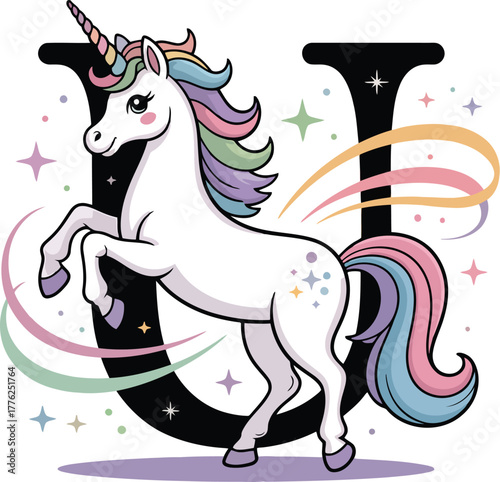 A white unicorn with rainbow mane and tail prances beside a black letter u vector