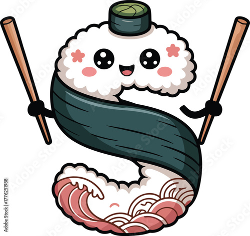 Cute sushi character holding chopsticks with waves food kawaii