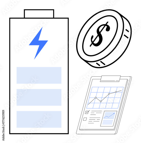 Battery with lightning bolt, coin with dollar sign, graph report. Ideal for energy, economy, business analysis, savings, technology data tracking renewable energy. Minimalistic flat metaphor