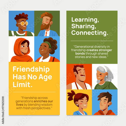 Vertical cartoon banners featuring diverse characters and messages