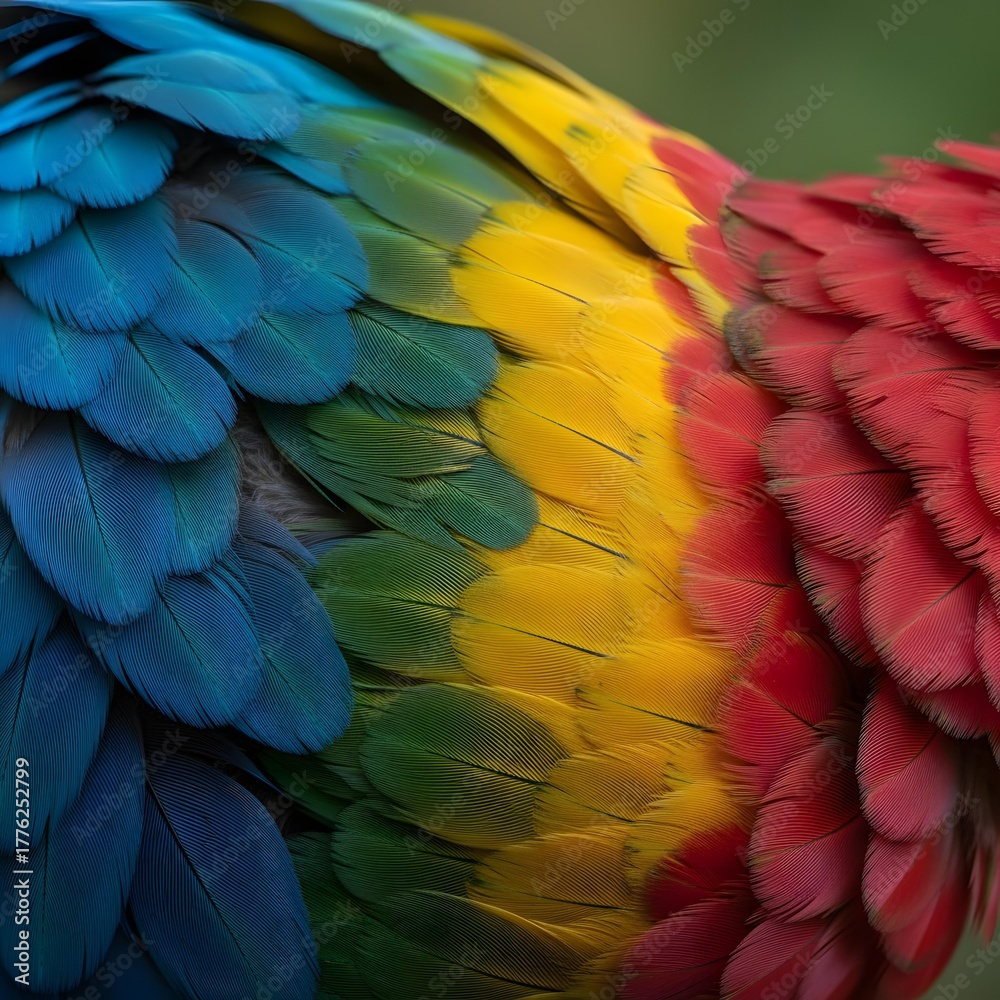 Obraz premium Close-up of vibrant parrot feathers in layered pattern with blue, green, yellow, and red hues showcasing natural beauty