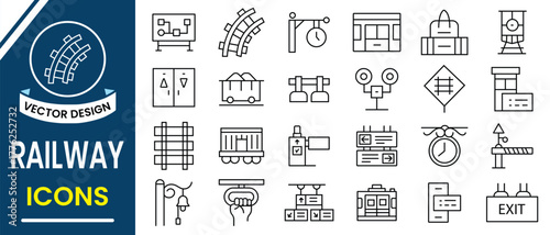 Railway icon set collection. Set of 24 outline icons related to railway. Railway industry icons such as electric tram, repair service, locomotive, traffic light, road, subway, timetable icon.
