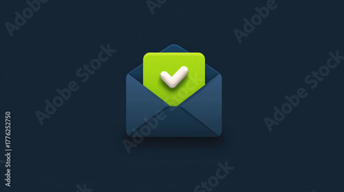 3D illustration of an envelope with a green card and checkmark symbolizing email confirmation, approval, or successful message delivery on dark background.