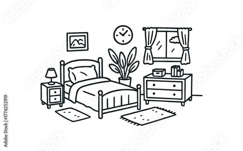 handdrawn cute doodle style decluttered bedroom vector line illustration