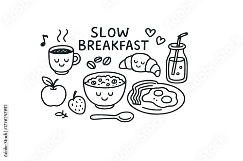 handdrawn cute doodle style slow breakfast table vector line illustration