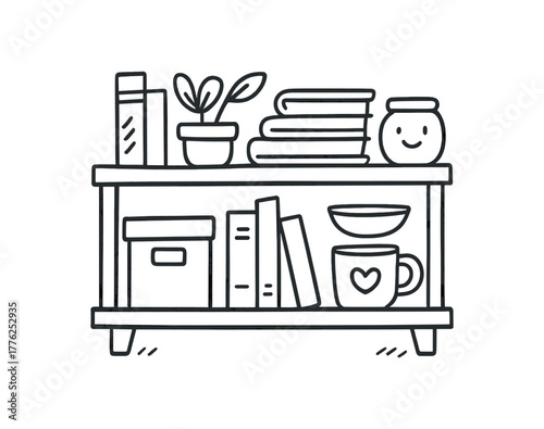 handdrawn cute doodle style organized shelf vector line illustration