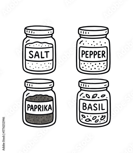 handdrawn cute doodle style organized spice jars vector line illustration