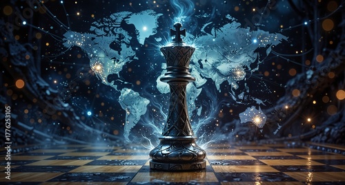 global strategy concept with a chess king piece illuminated against a world map and bokeh lights.