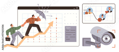 Two professionals walk up an arrow chart, one shielding with an umbrella from threats a network of team faces and a security camera signify connections, risk, and surveillance. Ideal for teamwork