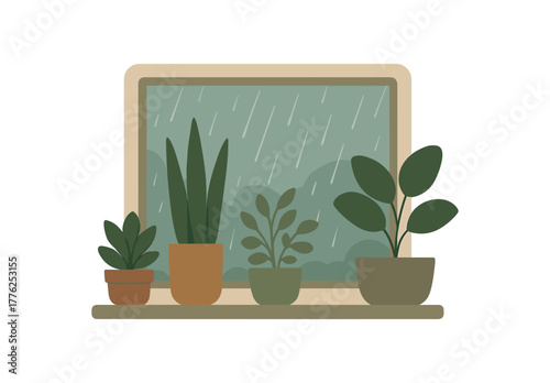 plants on windowsill with rain background serene home scene no outline flat vector illustration style isolated on white background muted natural colors