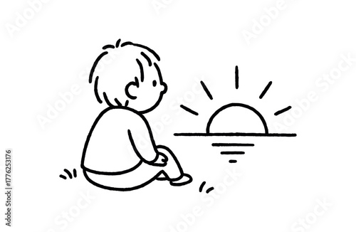 handdrawn cute doodle style person watching sunrise vector line illustration