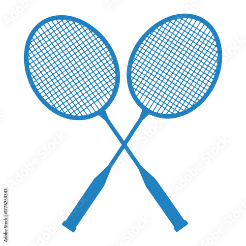 Two blue badminton rackets crossed together on a white background representing sports and recreation