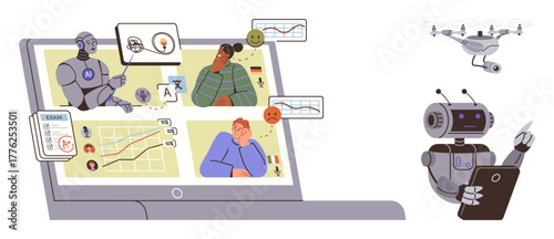 Robots analyzing charts, human emotions on screens, a quadcopter overseeing operations, and AI-driven insights. Ideal for technology, AI, machine learning, innovation, analytics emotions future