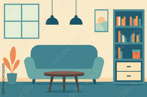 Modern Flat Design Living Room Interior with Sofa and Bookshelf