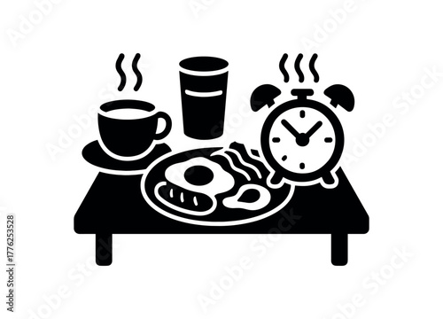 slow breakfast table flat black solid vector illustration isolated on white background