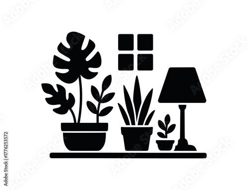 cozy home plants flat black solid vector illustration isolated on white background