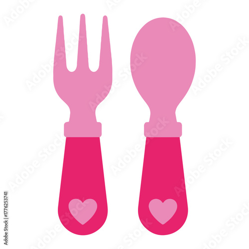 Pink baby fork and spoon with heart detail for toddler mealtime and feeding