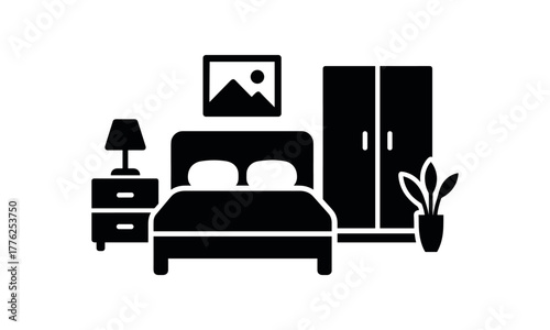 decluttered bedroom flat black solid vector illustration isolated on white background