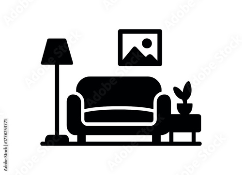 minimal living room flat black solid vector illustration isolated on white background