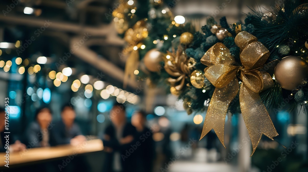 Fototapeta premium Festive Christmas tree with golden ornaments and bow in foreground, blurred people in background at corporate holiday event.