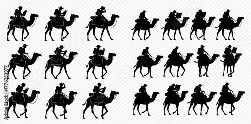 Black silhouettes of people riding camels in various walking poses, suitable for animation or design.