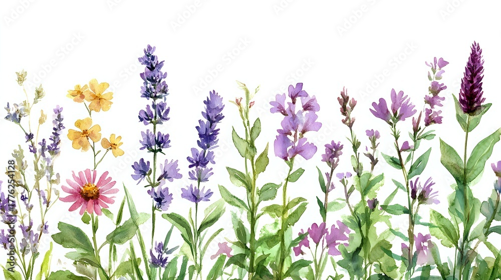 Naklejka premium Colorful wildflowers and herbs including lavender, chamomile, and echinacea growing in meadow arrangement, perfect for botanical illustrations and natural wellness themes.